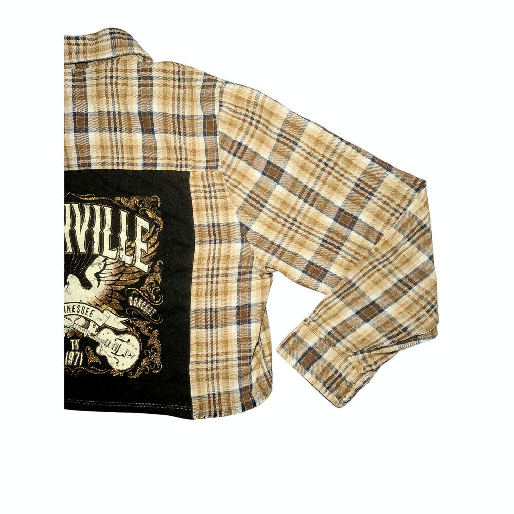 Altar'd State Nashville Graphic Cropped Plaid Flannel Shirt Brown Small Western - Picture 5 of 9